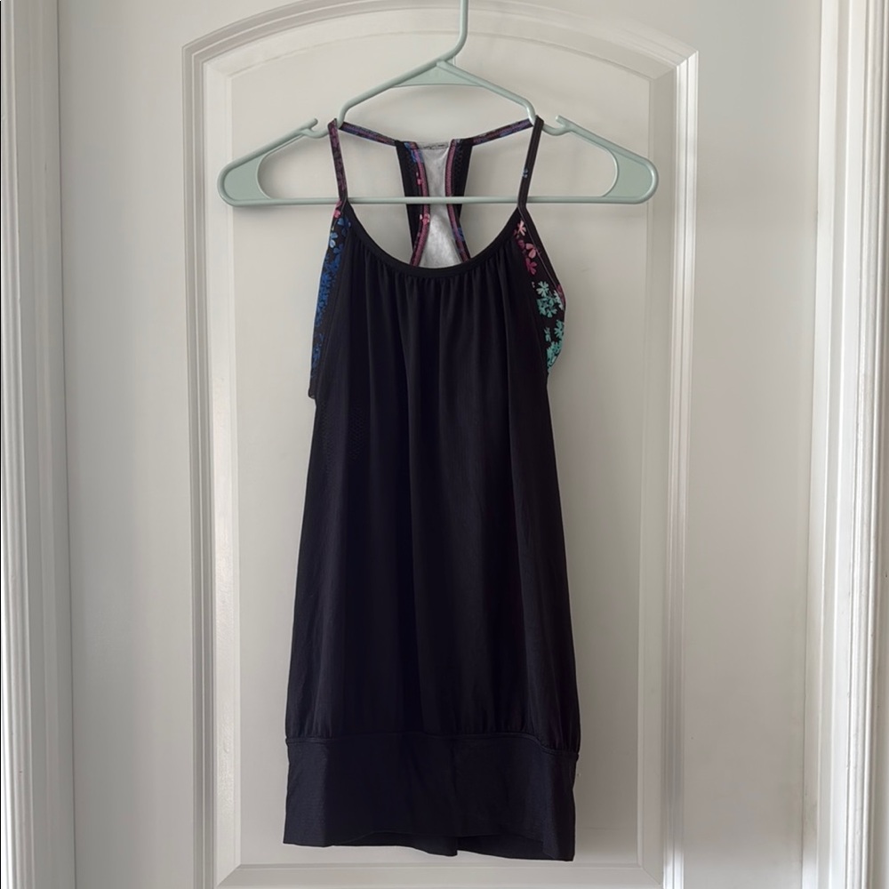 Black Lululemon tank top  with built in floral sports bra.